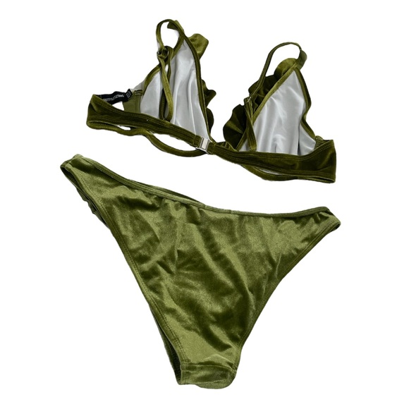 Pretty Little Thing Olive Green Ruffle Frill Velour Velvet Bikini Set - Picture 8 of 11